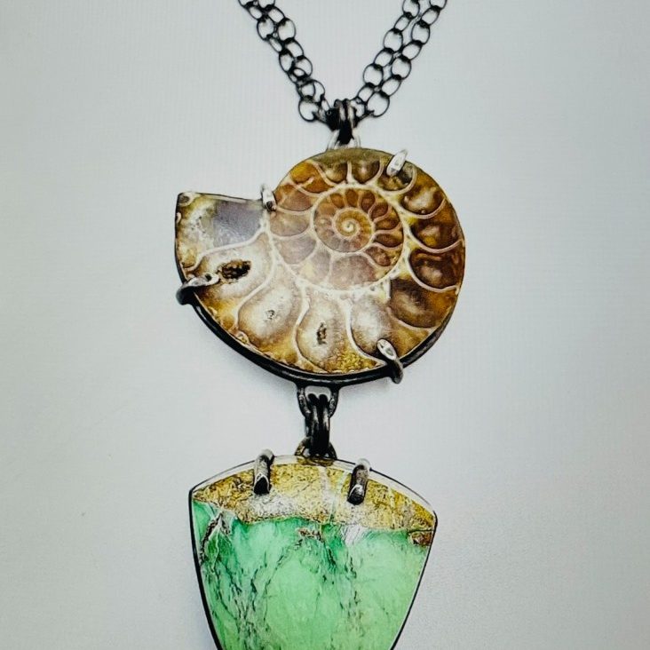 Ammonite Fossil and Variscite Oxidized Silver Necklace 22”chain - Carrie Haase